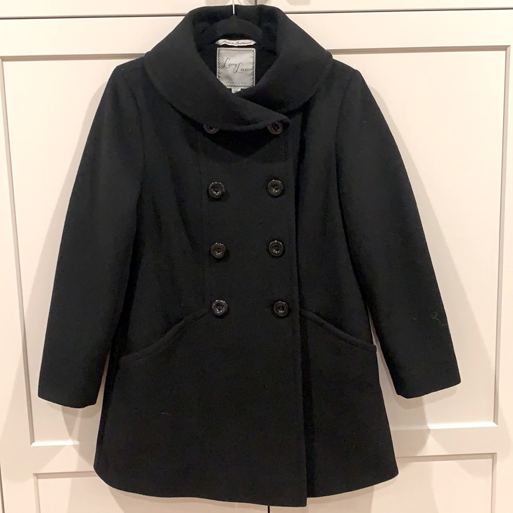 EUC Black wool blend black peacoat/ A-line style by Larry Levine. Petite.Classic